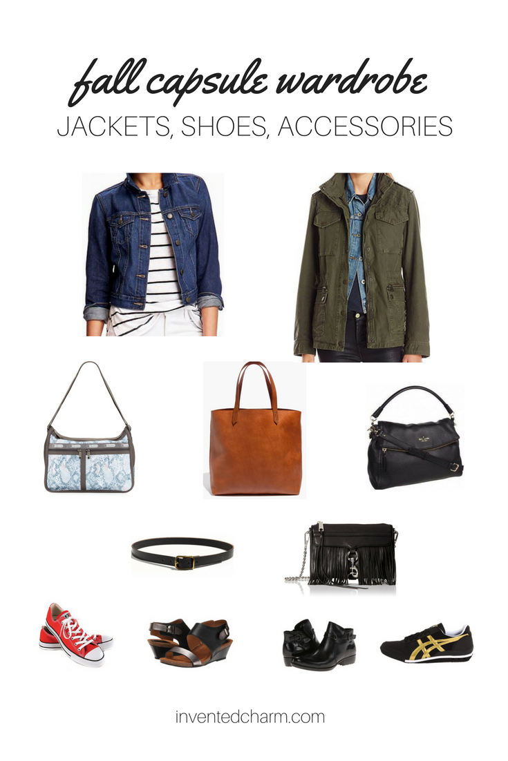 jackets, shoes, and accessories for a fall transitional capsule wardrobe